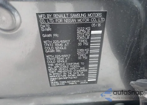 2016 Nissan Rogue Sv z USA, uszkodzony, nr VIN KNMAT2MV9GP702767